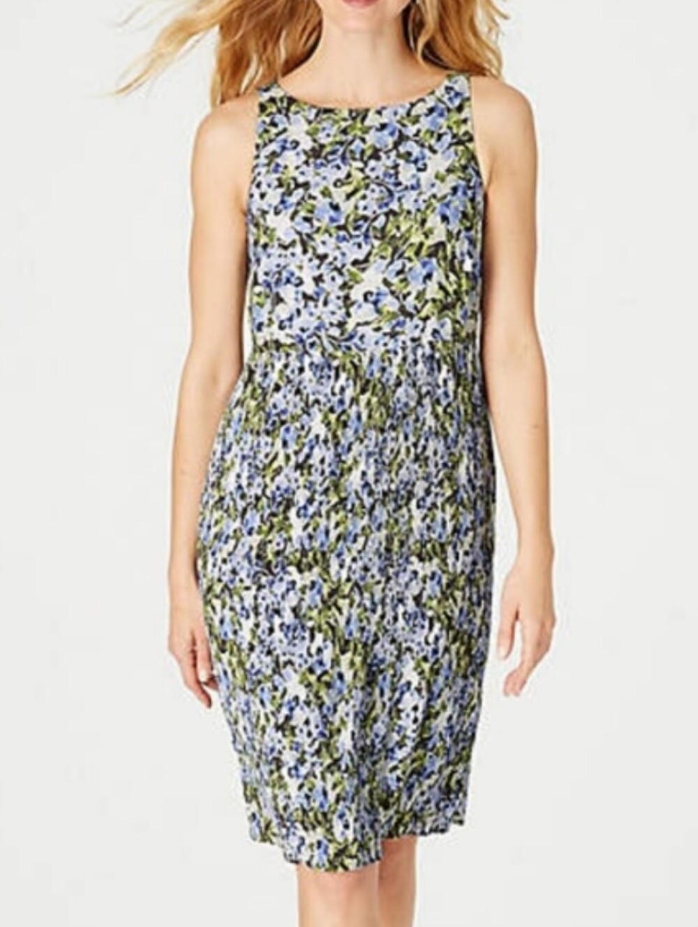 J.JILL Women's Sleeveless Dress Pleated Blue Green Floral Lined Sz Large